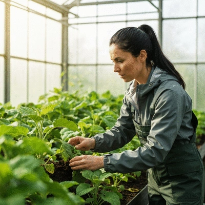 Gardener inspecting plant in greenhouse, demonstrating plant nutrition