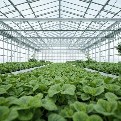 Modern greenhouse interior with lush green plants growing