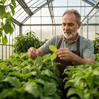 Gardener meticulously inspecting plants inside a greenhouse